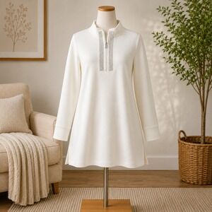 Belle by Kim Gravel White Rhinestone Quarter Zip Pullover Sweatshirt Womens L